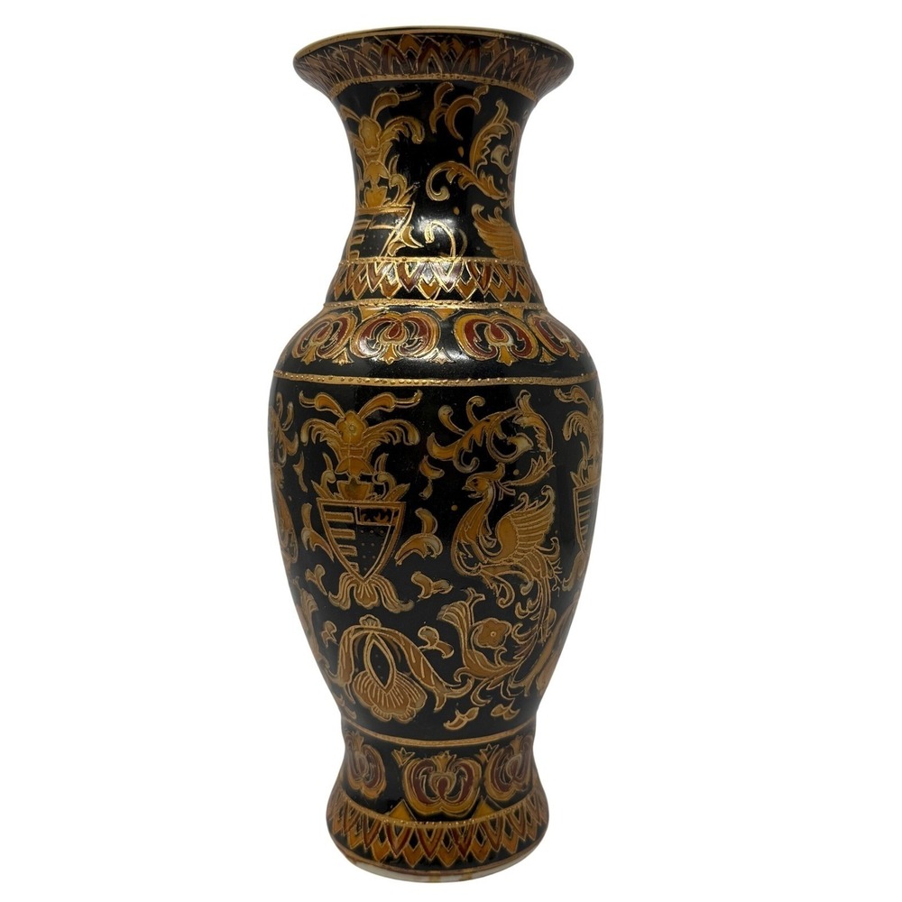 Vintage‎ Chinese Vase Black Gold French Phoenix Crest Floral Chinoiserie 11"